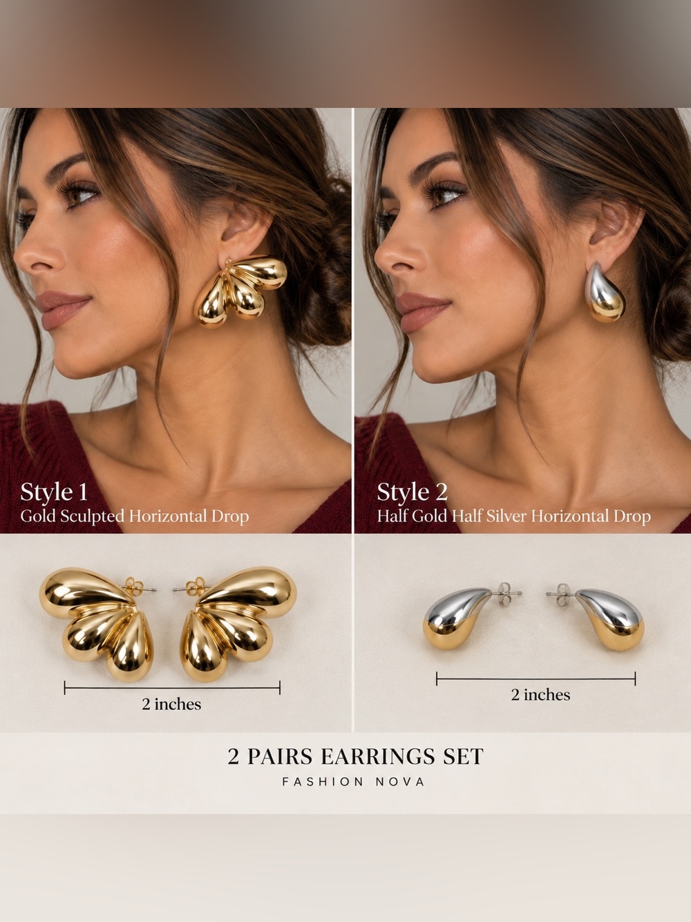 Fashion Nova Earrings 2 Pairs Gold 2 Inches